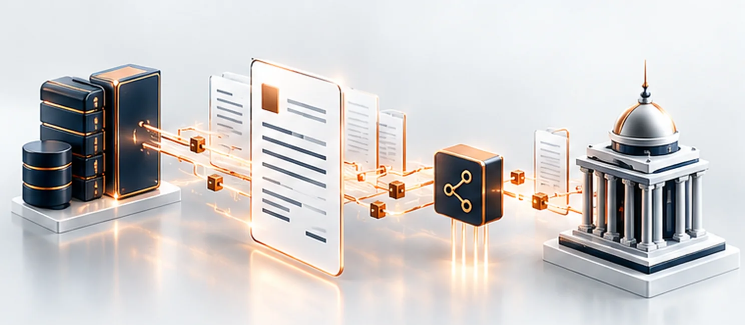 Illustration: ERP and invoice data flowing through an exchange node to a tax authority